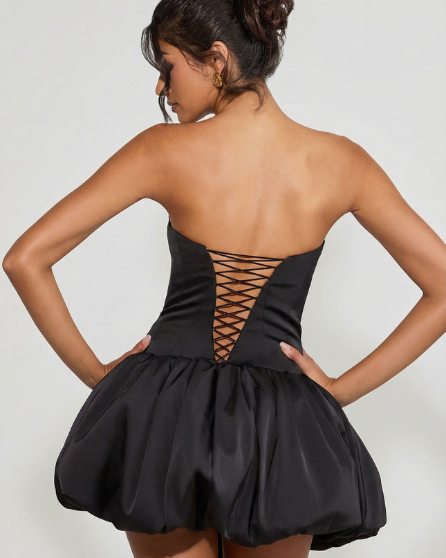 Black Lace-Up Bubble Hem Corset Micro Mini Dress