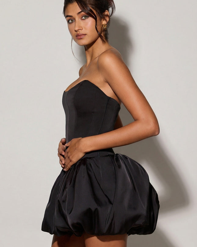 Black Lace-Up Bubble Hem Corset Micro Mini Dress