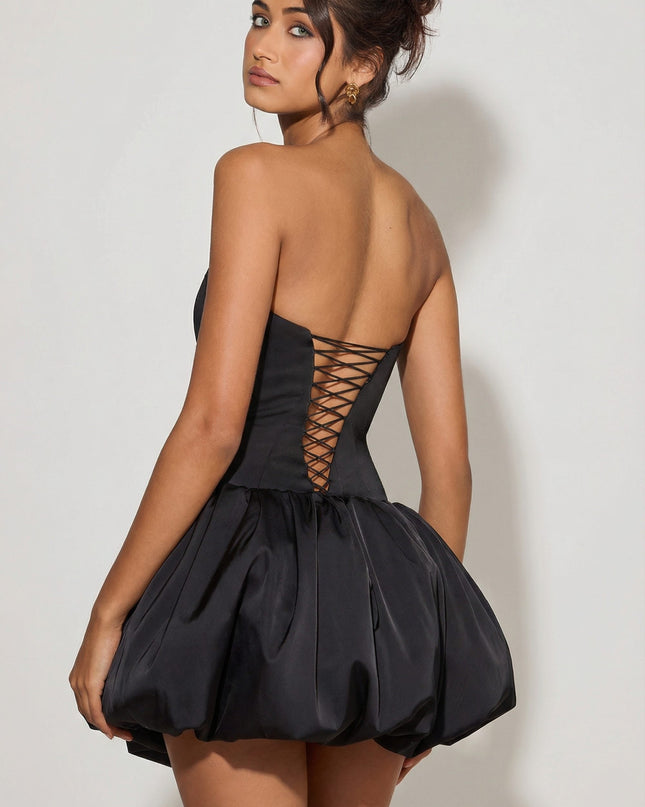 Black Lace-Up Bubble Hem Corset Micro Mini Dress