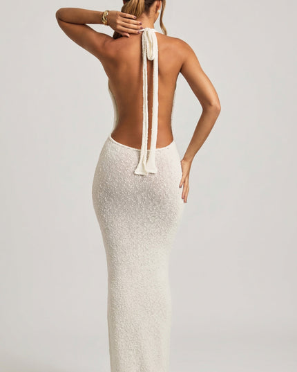 White Bouclé Halterneck Maxi Dress