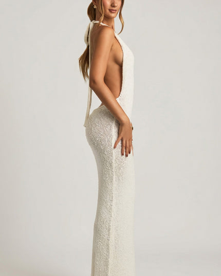 White Bouclé Halterneck Maxi Dress