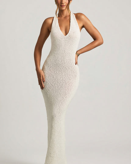 White Bouclé Halterneck Maxi Dress