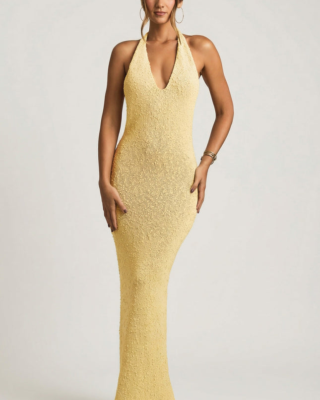 Yellow Bouclé Halterneck Maxi Dress