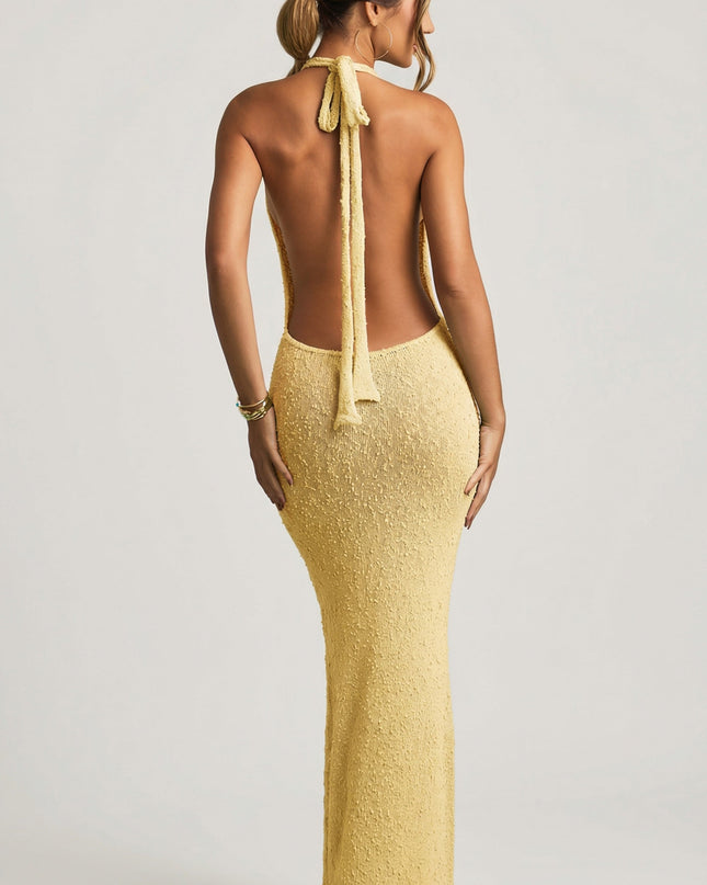 Yellow Bouclé Halterneck Maxi Dress