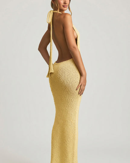 Yellow Bouclé Halterneck Maxi Dress