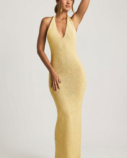 Yellow Bouclé Halterneck Maxi Dress