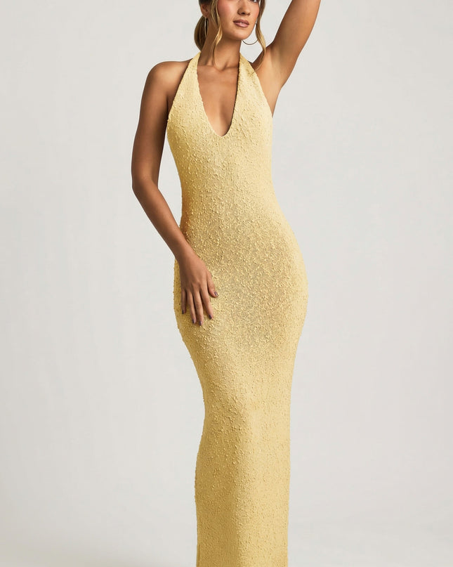 Yellow Bouclé Halterneck Maxi Dress