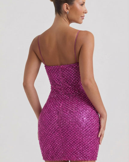 Magenta Embellished Sweetheart-Neck Mini Dress