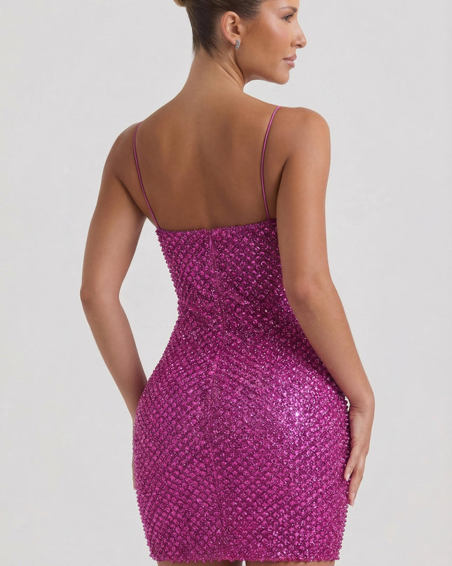Magenta Embellished Sweetheart-Neck Mini Dress