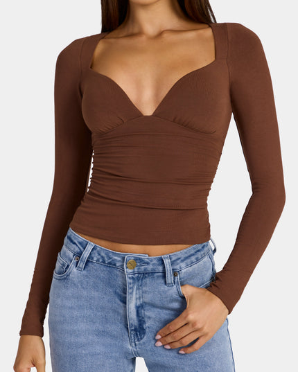 Cocoa Brown Modal Ruched Long-Sleeve Top
