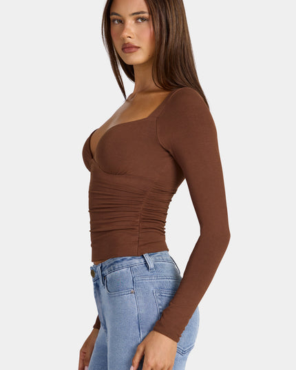 Cocoa Brown Modal Ruched Long-Sleeve Top