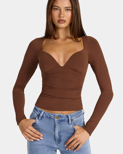 Cocoa Brown Modal Ruched Long-Sleeve Top