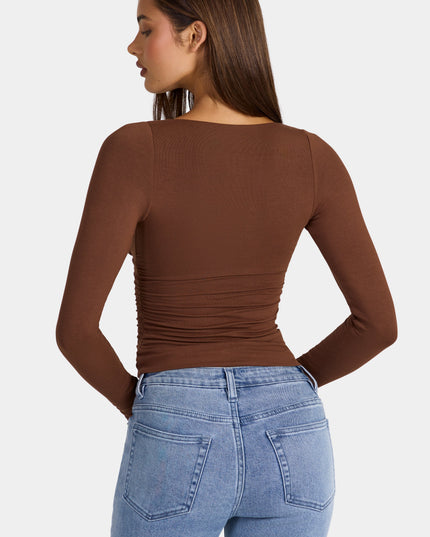 Cocoa Brown Modal Ruched Long-Sleeve Top