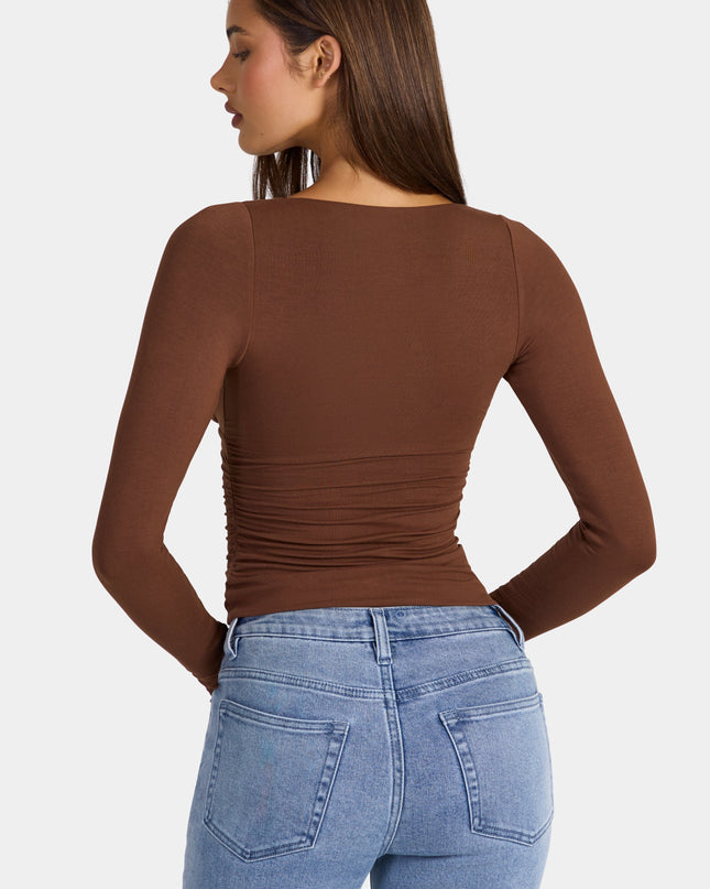 Cocoa Brown Modal Ruched Long-Sleeve Top