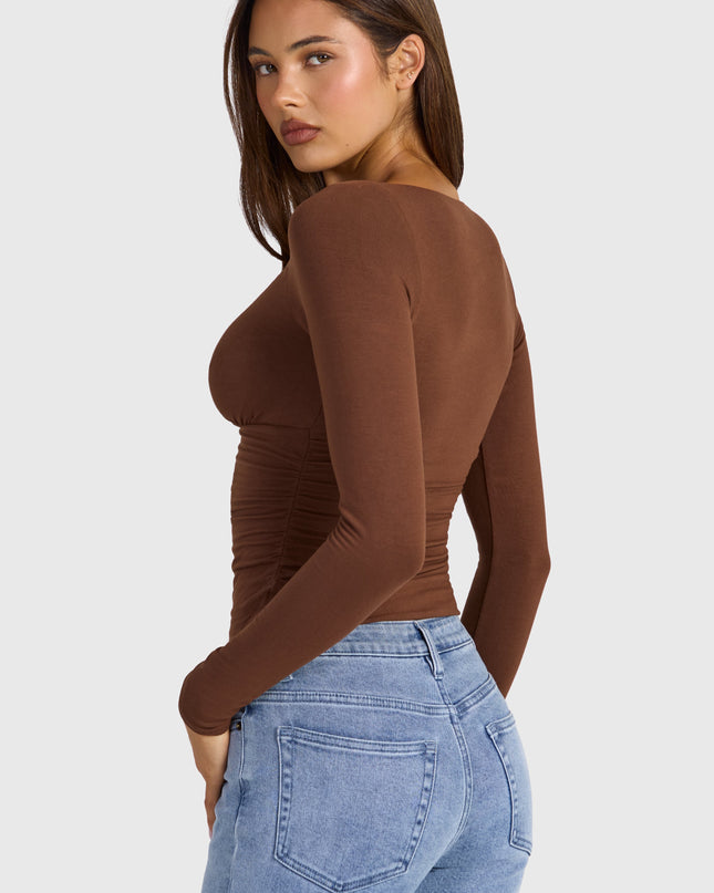 Cocoa Brown Modal Ruched Long-Sleeve Top