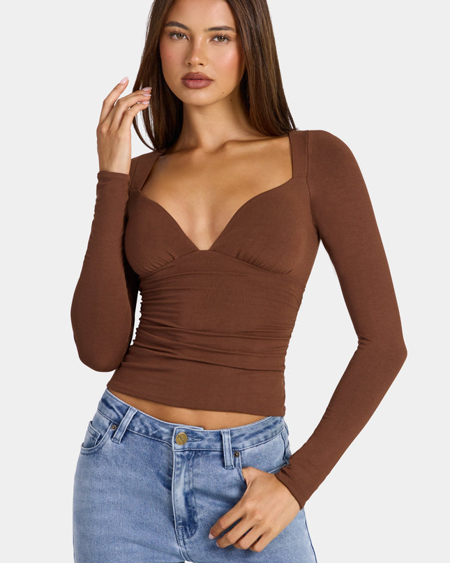 Cocoa Brown Modal Ruched Long-Sleeve Top