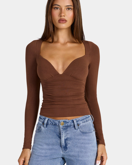 Cocoa Brown Modal Ruched Long-Sleeve Top