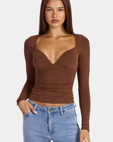 Cocoa Brown Modal Ruched Long-Sleeve Top