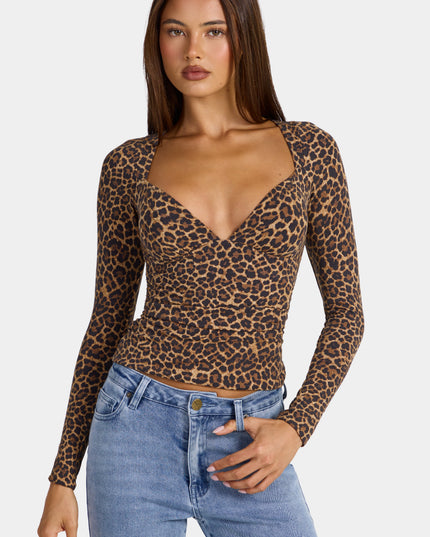 Leopard Modal Ruched Long-Sleeve Top