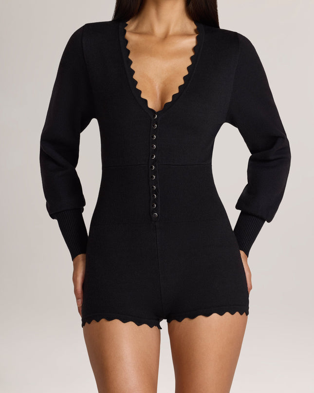 Black Knit Long-Sleeve Romper