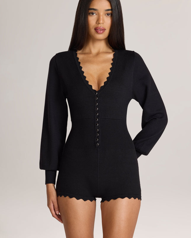 Black Knit Long-Sleeve Romper