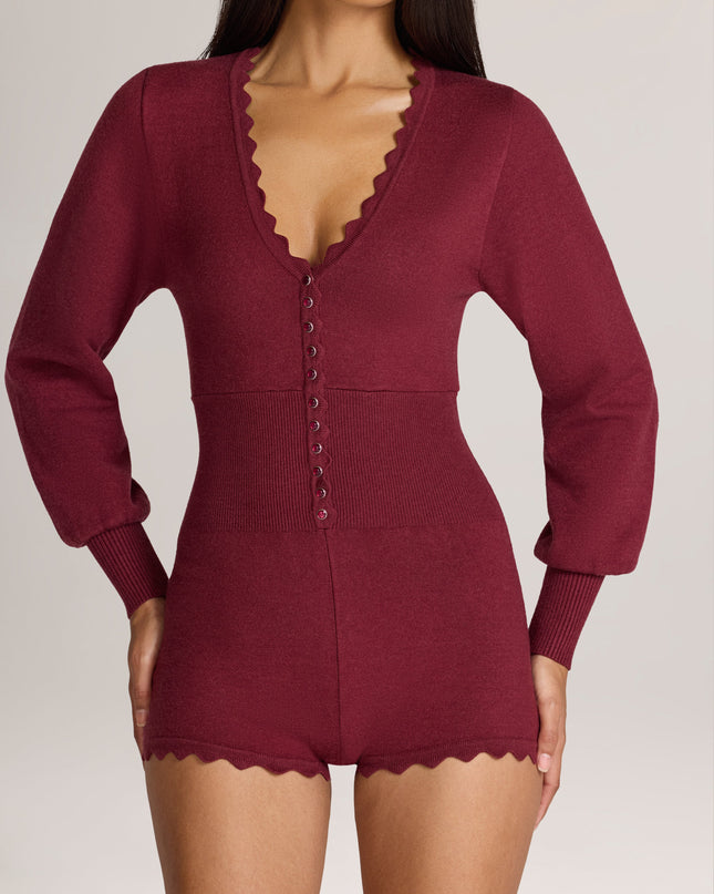 Wine Knit Long-Sleeve Romper