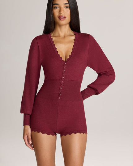 Wine Knit Long-Sleeve Romper