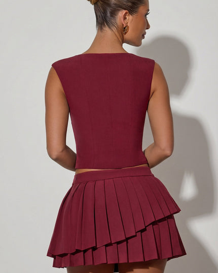 Wine Red Layered Pleated Low-Rise Mini Skirt