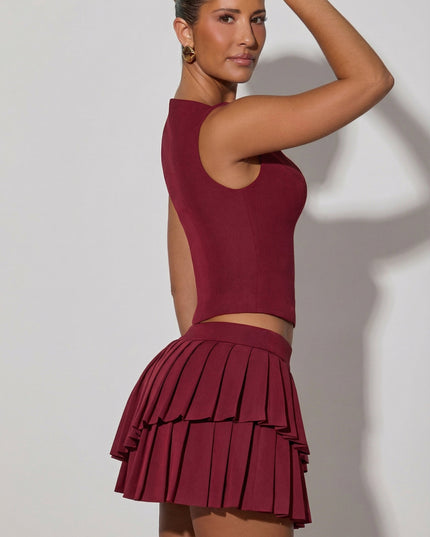 Wine Red Layered Pleated Low-Rise Mini Skirt