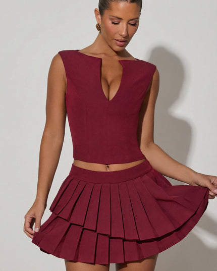 Wine Red Layered Pleated Low-Rise Mini Skirt