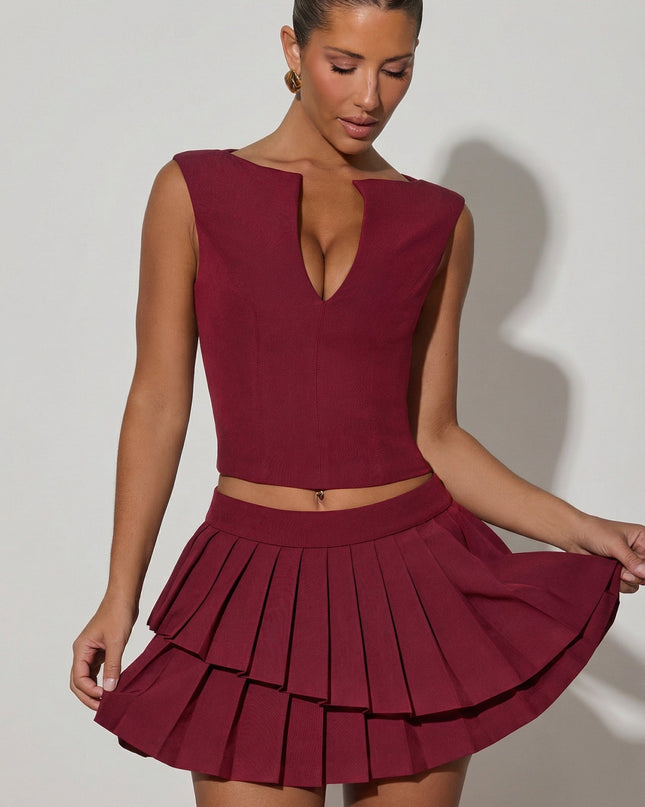 Wine Red Layered Pleated Low-Rise Mini Skirt