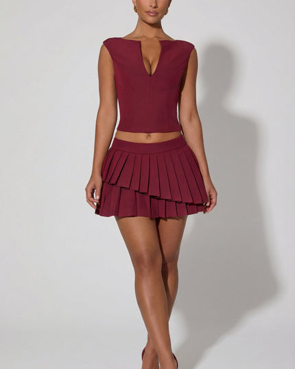 Wine Red Layered Pleated Low-Rise Mini Skirt
