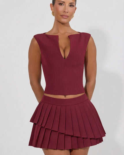Wine Red Layered Pleated Low-Rise Mini Skirt