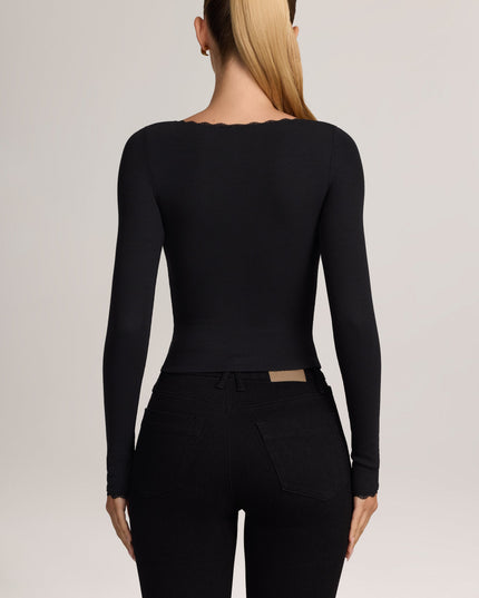 Black Ribbed Modal Lace-Trim Cardigan