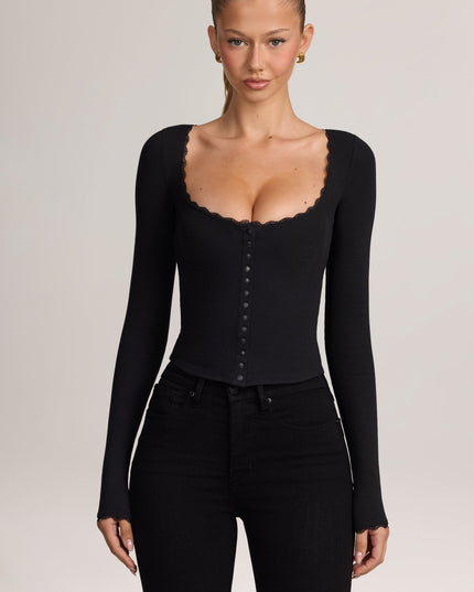 Black Ribbed Modal Lace-Trim Cardigan
