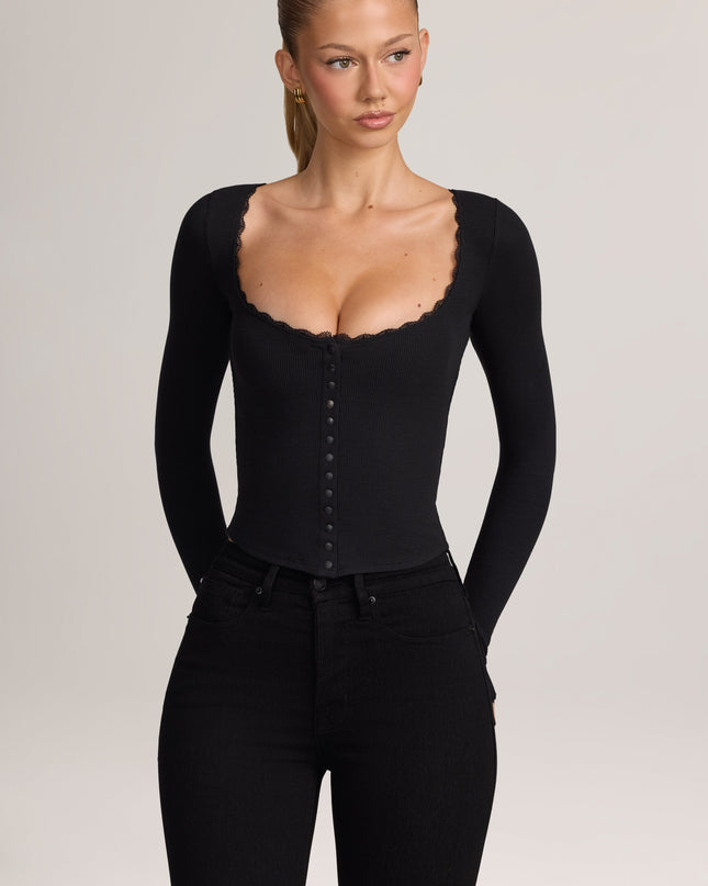 Black Ribbed Modal Lace-Trim Cardigan