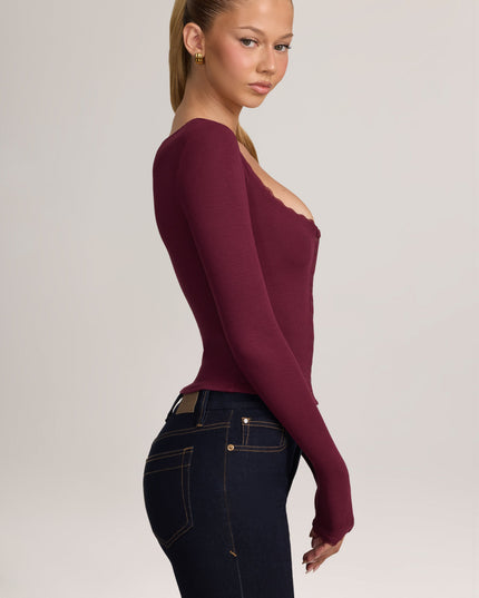 Maroon Red Ribbed Modal Lace-Trim Cardigan