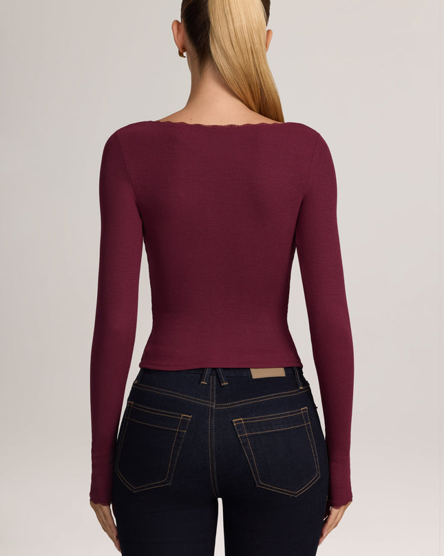 Maroon Red Ribbed Modal Lace-Trim Cardigan