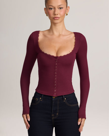 Maroon Red Ribbed Modal Lace-Trim Cardigan