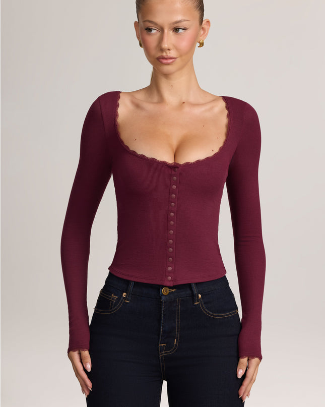 Maroon Red Ribbed Modal Lace-Trim Cardigan
