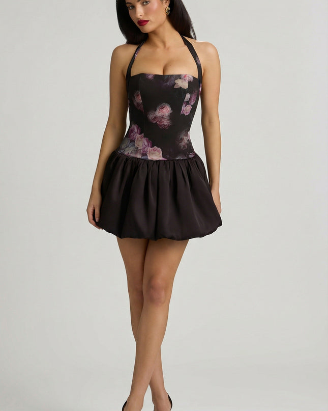 Black Floral Print Halterneck Lace-Up Bubble Hem Mini Dress