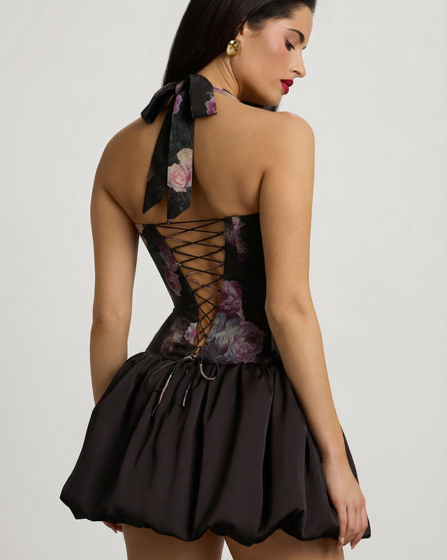 Black Floral Print Halterneck Lace-Up Bubble Hem Mini Dress