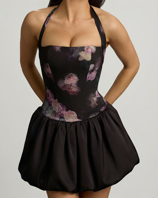 Black Floral Print Halterneck Lace-Up Bubble Hem Mini Dress