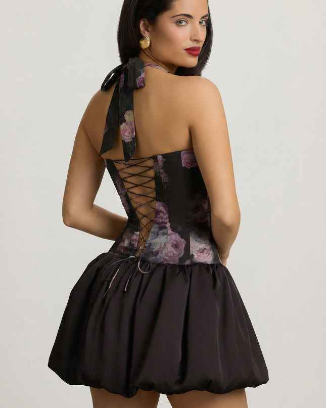 Black Floral Print Halterneck Lace-Up Bubble Hem Mini Dress