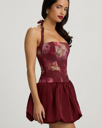 Maroon Floral Print Halterneck Lace-Up Bubble Hem Mini Dress