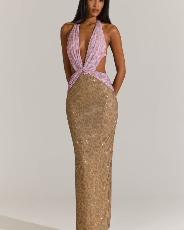 Pink Leopard Embellished Cut-Out Maxi Dress