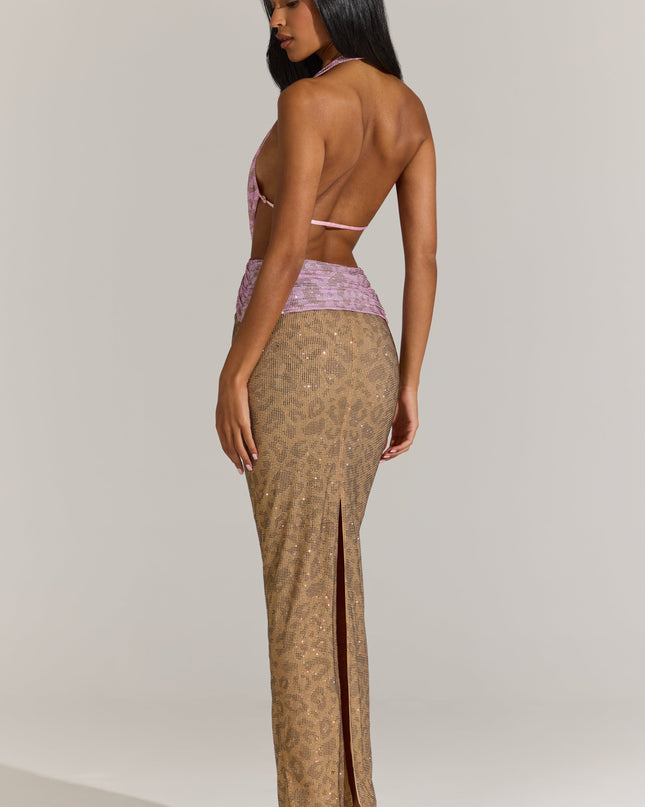 Pink Leopard Embellished Cut-Out Maxi Dress