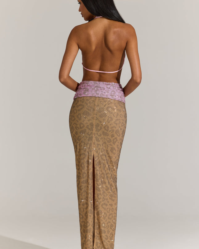 Pink Leopard Embellished Cut-Out Maxi Dress