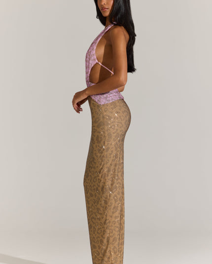 Pink Leopard Embellished Cut-Out Maxi Dress