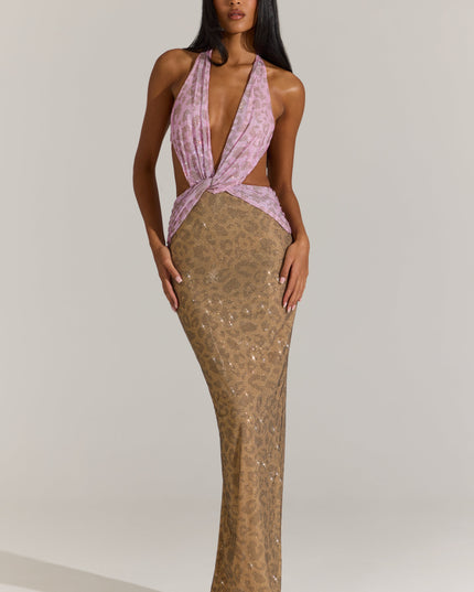 Pink Leopard Embellished Cut-Out Maxi Dress